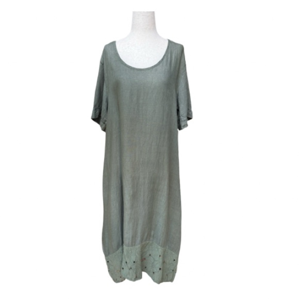 Rosemarine Olive Floral Eyelet Border Linen Maxi Dress Size L